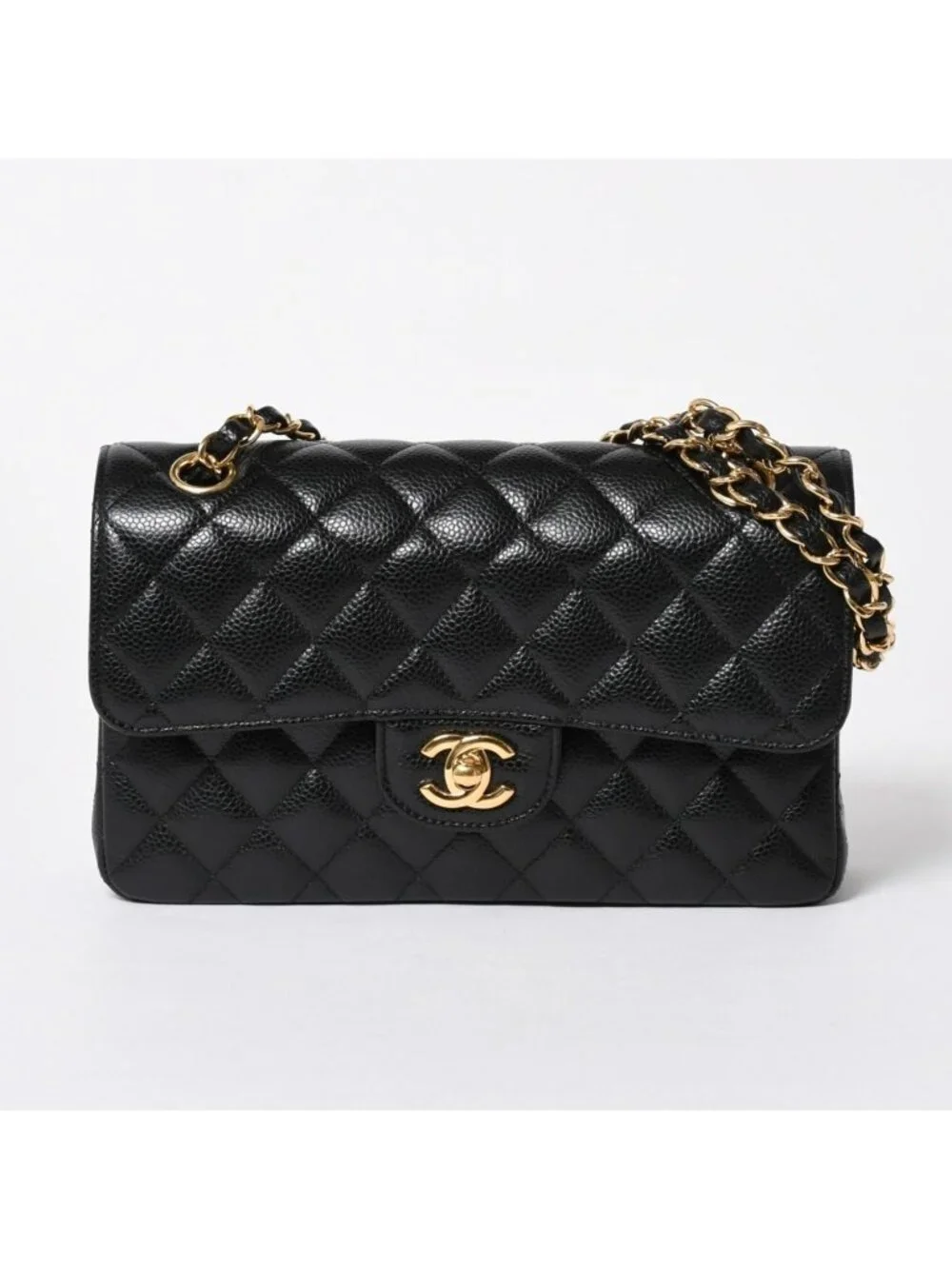 Chanel Quilted 23 Double Flap Chain Shoulder Bag CC Logo Caviar Leather Black